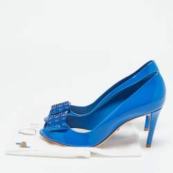 Dior Blue Patent Leather Metal Cannage Plaque Detail Peep Toe Pumps Size 36
