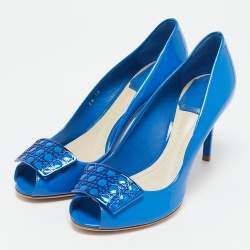Dior Blue Patent Leather Metal Cannage Plaque Detail Peep Toe Pumps Size 36