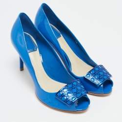 Dior Blue Patent Leather Metal Cannage Plaque Detail Peep Toe Pumps Size 36