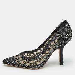 Pre Owned Dior Black Cannage Embroidered Canvas Crystal Embellished Capture Pumps Size 37.5