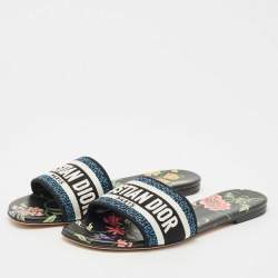 Pre Owned Dior Blue/Black Canvas Petites Fleurs Dway Flat Slides Size 39.5