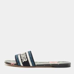 Pre Owned Dior Blue/Black Canvas Petites Fleurs Dway Flat Slides Size 39.5