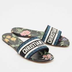 Pre Owned Dior Blue/Black Canvas Petites Fleurs Dway Flat Slides Size 39.5