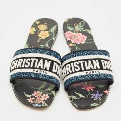 Pre Owned Dior Blue/Black Canvas Petites Fleurs Dway Flat Slides Size 39.5
