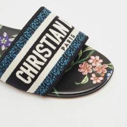 Pre Owned Dior Blue/Black Canvas Petites Fleurs Dway Flat Slides Size 39.5