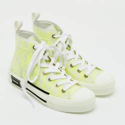 Pre Owned Dior White/Neon Yellow Oblique Mesh and Rubber B23 High Top Sneakers Size 36.5