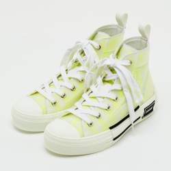 Pre Owned Dior White/Neon Yellow Oblique Mesh and Rubber B23 High Top Sneakers Size 36.5