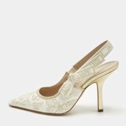 Pre Owned Dior J'Adior Size 39 White/Gold Canvas Butterfly Embroidered Slingback Pumps