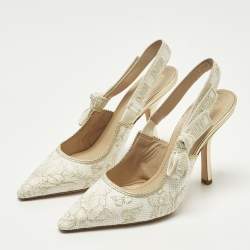 Pre Owned Dior J'Adior Size 39 White/Gold Canvas Butterfly Embroidered Slingback Pumps