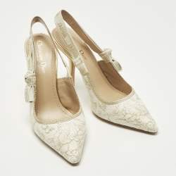 Pre Owned Dior J'Adior Size 39 White/Gold Canvas Butterfly Embroidered Slingback Pumps