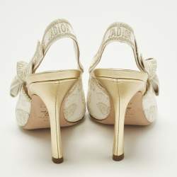 Pre Owned Dior J'Adior Size 39 White/Gold Canvas Butterfly Embroidered Slingback Pumps