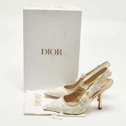 Pre Owned Dior J'Adior Size 39 White/Gold Canvas Butterfly Embroidered Slingback Pumps