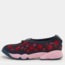 Pre Owned حذاء رياضي ديور شبك فيوجن مزخرف بورود أزرق بحري سليب أون مقاس 41