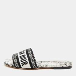 Pre Owned Dior Dway Size 34 Black/White Embroidered Canvas Slide Sandals