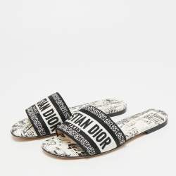 Pre Owned Dior Dway Size 34 Black/White Embroidered Canvas Slide Sandals