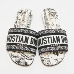 Pre Owned Dior Dway Size 34 Black/White Embroidered Canvas Slide Sandals