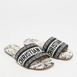 Pre Owned Dior Dway Size 34 Black/White Embroidered Canvas Slide Sandals