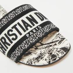 Pre Owned Dior Dway Size 34 Black/White Embroidered Canvas Slide Sandals