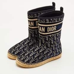 Pre Owned Dior Granville Size 35.5 Navy Blue/Beige Oblique Velvet and Canvas Snow Boots