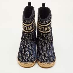 Pre Owned Dior Granville Size 35.5 Navy Blue/Beige Oblique Velvet and Canvas Snow Boots