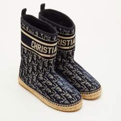 Pre Owned Dior Granville Size 35.5 Navy Blue/Beige Oblique Velvet and Canvas Snow Boots