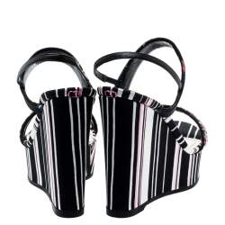 Dior Multicolor Stripes Printed Satin Sequins Embellished Ankle Strap Wedge Sandals Size 38.5