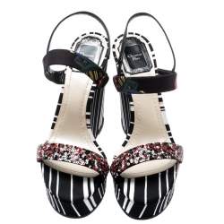 Dior Multicolor Stripes Printed Satin Sequins Embellished Ankle Strap Wedge Sandals Size 38.5