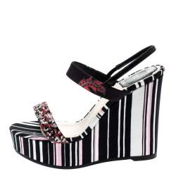 Dior Multicolor Stripes Printed Satin Sequins Embellished Ankle Strap Wedge Sandals Size 38.5