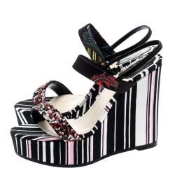 Dior Multicolor Stripes Printed Satin Sequins Embellished Ankle Strap Wedge Sandals Size 38.5