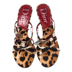 Pre Owned Dior Brown/Black Leopard Print Canvas Embellished Strappy Sandals Size 39 