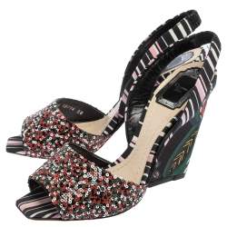 Pre Owned Dior Multicolor Sequins And Fabric Wedge Open Toe Slingback Sandals Size 38