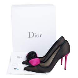 Pre Owned حذاء كعب عالي ديور غاردن ساتان وشبكة أسود/وردي مقاس 38.5