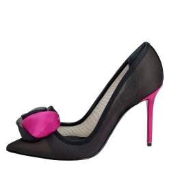 Pre Owned حذاء كعب عالي ديور غاردن ساتان وشبكة أسود/وردي مقاس 38.5