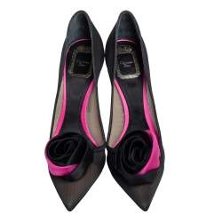 Pre Owned حذاء كعب عالي ديور غاردن ساتان وشبكة أسود/وردي مقاس 38.5