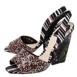 مملوكة مسبقًا صندل ديور قماش مطبوع وترتر متعدد الألوان مقدمة مفتوحة وفتحة كعب مقاس 40