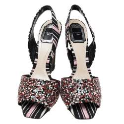 مملوكة مسبقًا صندل ديور قماش مطبوع وترتر متعدد الألوان مقدمة مفتوحة وفتحة كعب مقاس 40