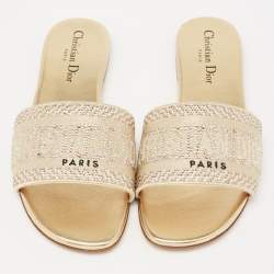 Dior Gold Canvas Crystal Embellished  D-Way Flat Slides Size 37 