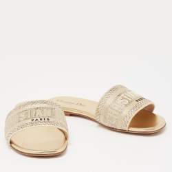 Dior Gold Canvas Crystal Embellished  D-Way Flat Slides Size 37 