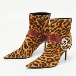 Pre Owned Dior Tricolor Leopard Print Calf Hair and Leather Ankle Booties Size 41