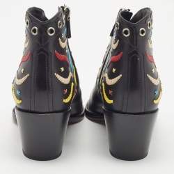 Dior Black Leather Embroidered Cowboy Ankle Boots Size 39