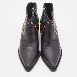 Dior Black Leather Embroidered Cowboy Ankle Boots Size 39