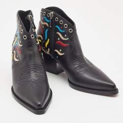 Dior Black Leather Embroidered Cowboy Ankle Boots Size 39