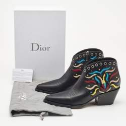 Dior Black Leather Embroidered Cowboy Ankle Boots Size 39