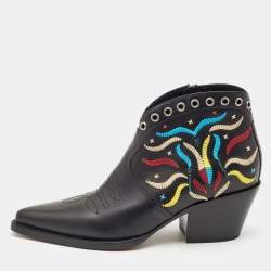 Dior Black Leather Embroidered Cowboy Ankle Boots Size 39