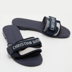 Pre Owned Dior Deep Blue Printed Fabric Dio(r)evolution Flat Slides Size 35