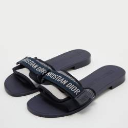 Pre Owned Dior Deep Blue Printed Fabric Dio(r)evolution Flat Slides Size 35