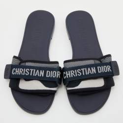 Pre Owned Dior Deep Blue Printed Fabric Dio(r)evolution Flat Slides Size 35