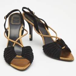 Dior Black/Golden Leather and Suede Slingback Sandals Size 39.5