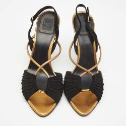 Dior Black/Golden Leather and Suede Slingback Sandals Size 39.5