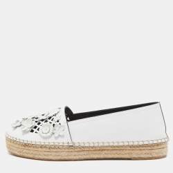 Dior Light Grey Laser Cut Leather Flower Applique Flore Flat Espadrilles Size 38